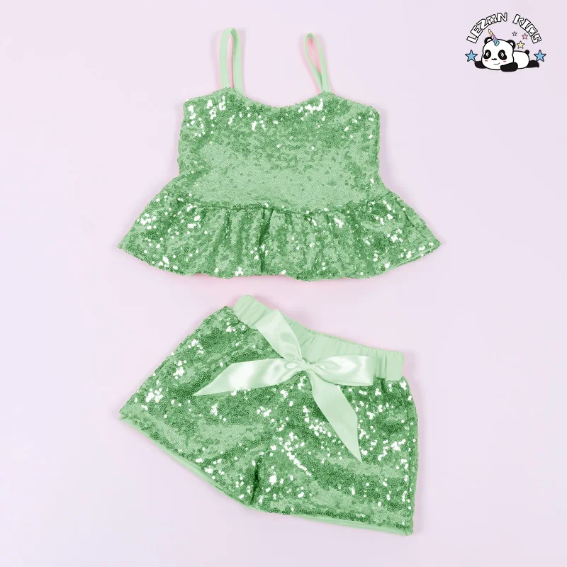 LEZONKIDS - Custom Logo Summer Girls Casual Cotton Suspender Vest Sequins Top Shorts Suit